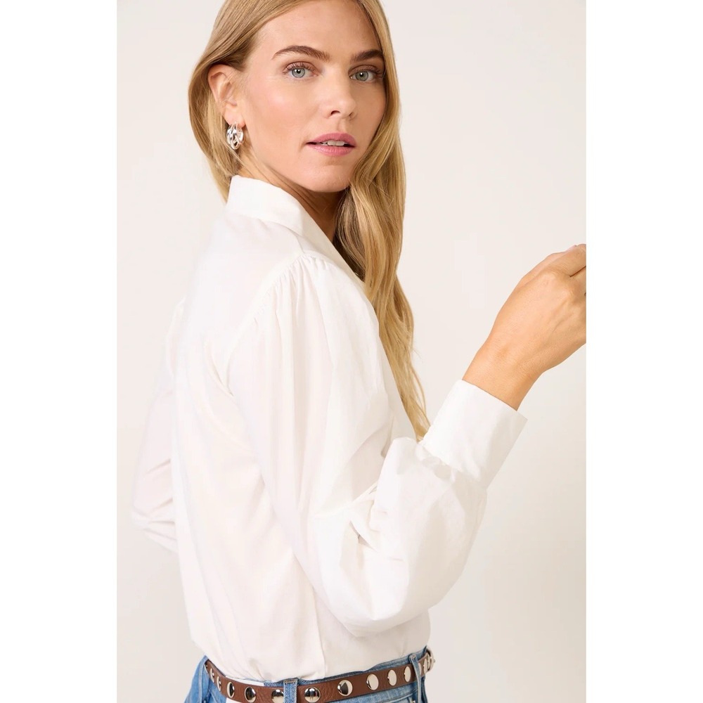 EVEREVE Nelly Mixed Media Top White Long Sleeve Classic half front button Sz M - Picture 4 of 11